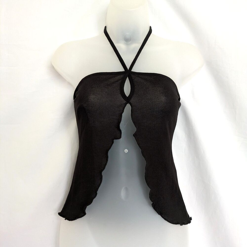 Princess Polly Top 4 SHEER Black Cotton Cutout Keyhole Halter Crop Lettuce Hem